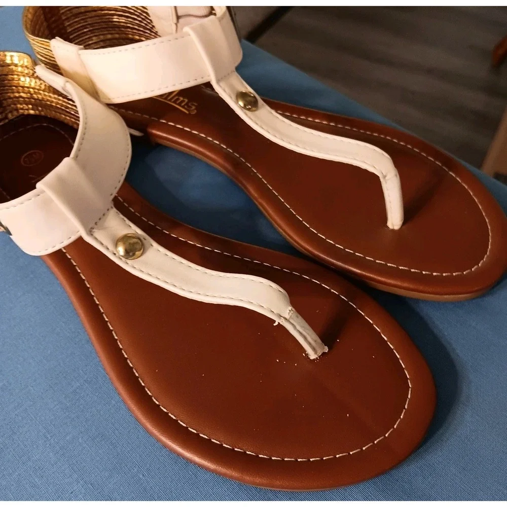 Palms Size 7.5 White And Gold Ankle Adjustable‎ Summer Sandal Shoes Flat